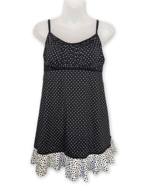 Mainstream Polka Dot Swim Dress Size 14 Black White Ruffle Hem Retro One Piece